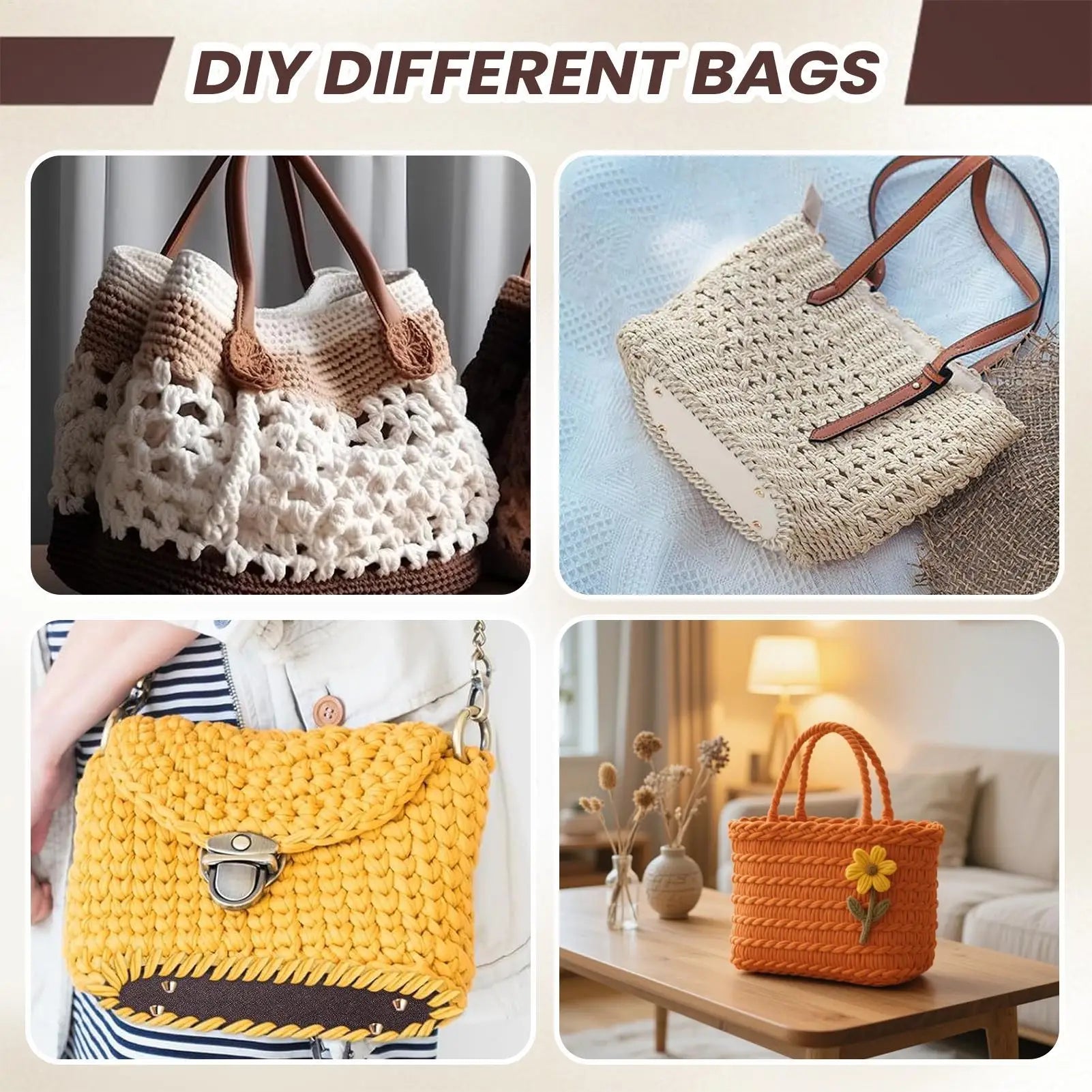 Crochet Bag Base Crocheting Bag Making Kit Purse Bottom with D Shape Handles for Women Men Hobbyists Enthusiasts Family Friends Peaceful Pleasures Health and Wellness
