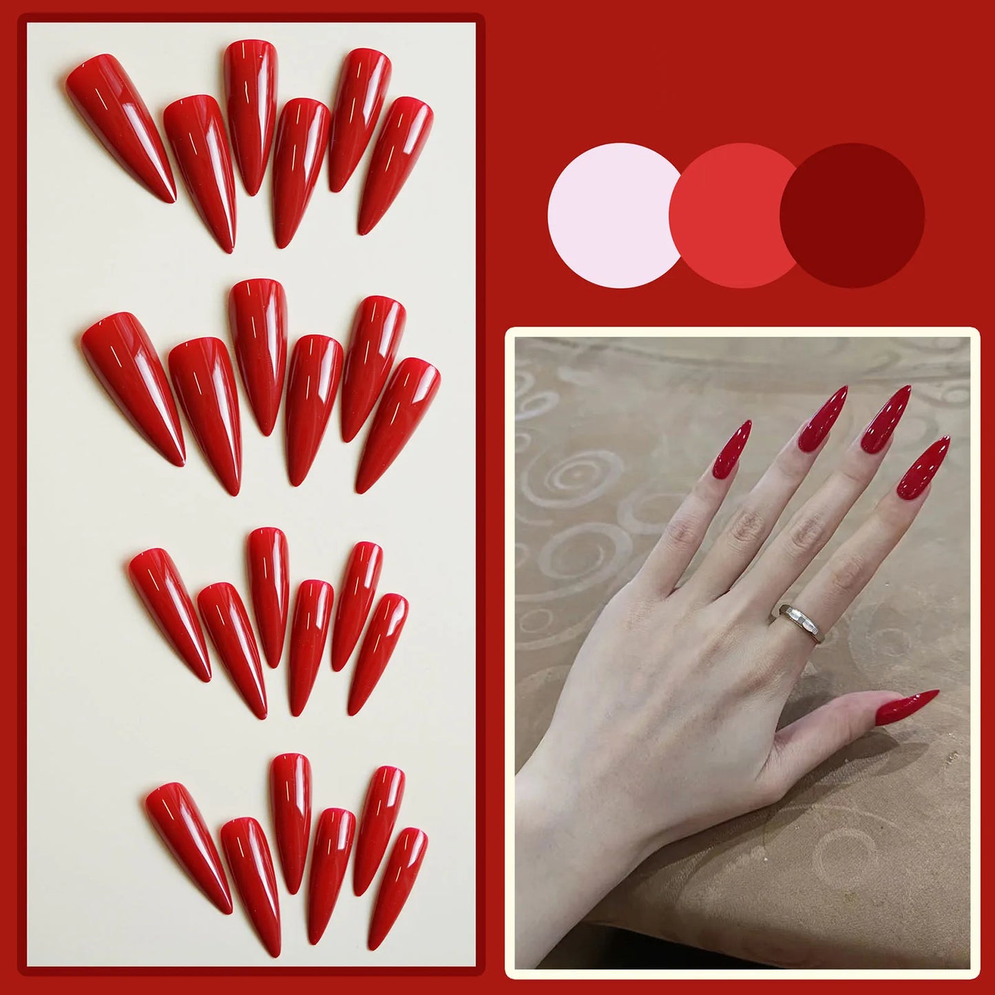 24pcs Long Pointed Red Press On Nails | Full Cover Stiletto Tips