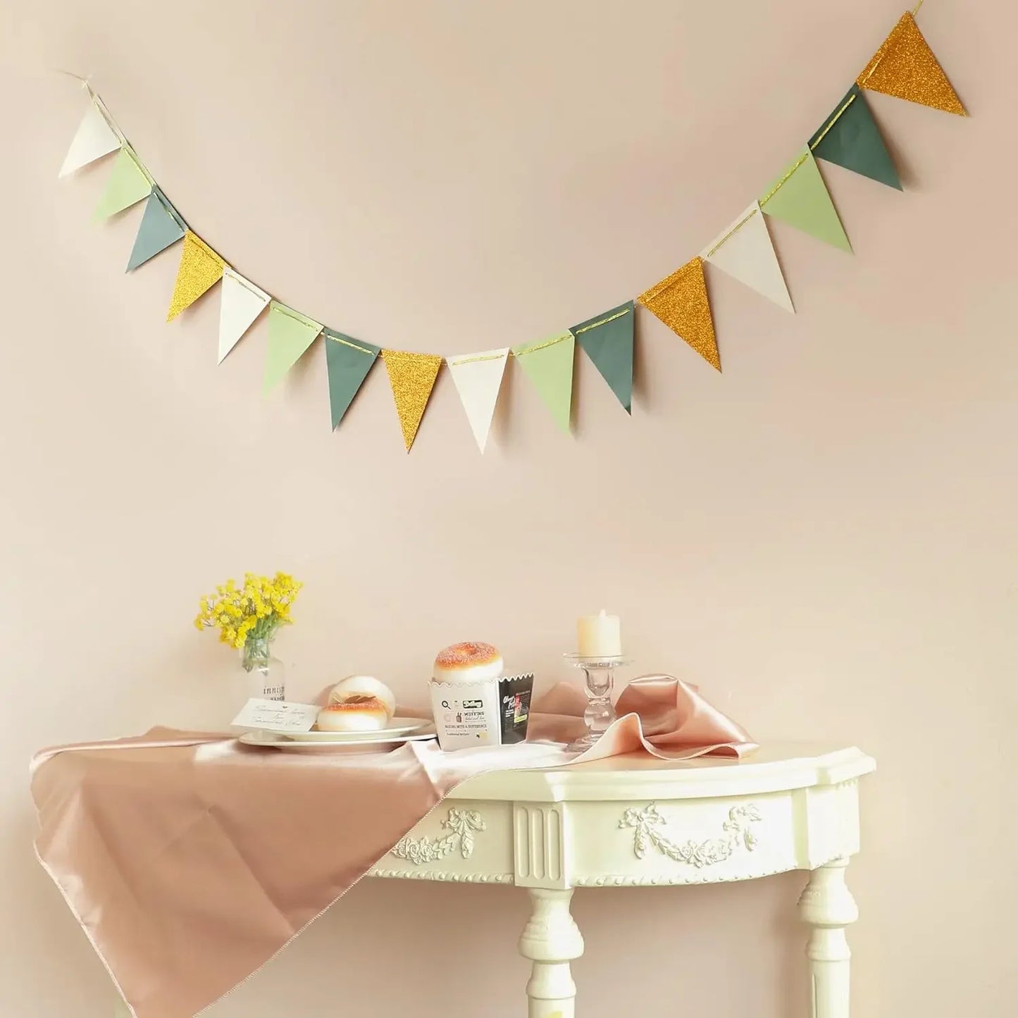 16 pcs flag Large Gold Green(10 Feet), Paper Triangle Flags Bunting for Greenery Shower Wedding Nursery Classroom Birthday Party Peaceful Pleasures Health and Wellness