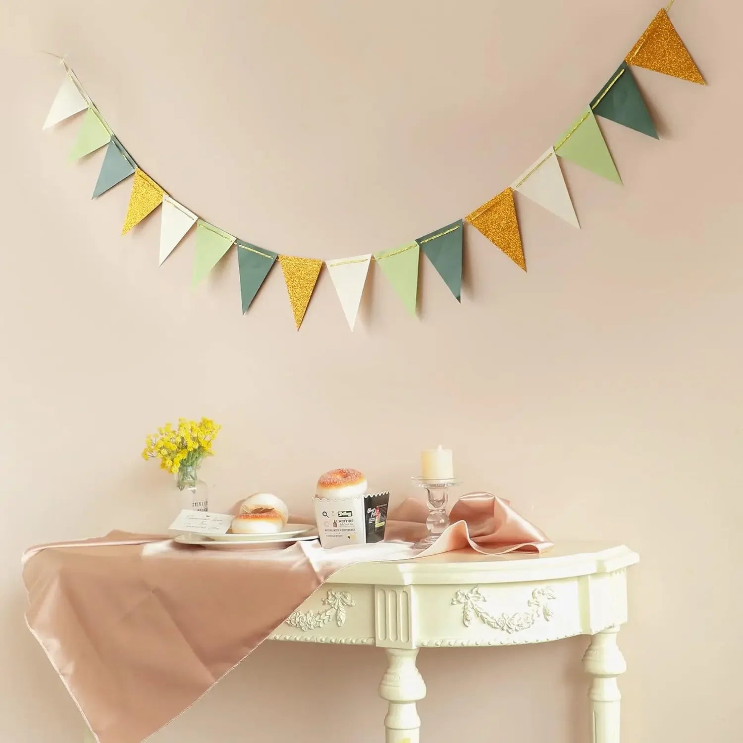16 pcs flag Large Gold Green(10 Feet), Paper Triangle Flags Bunting for Greenery Shower Wedding Nursery Classroom Birthday Party Peaceful Pleasures Health and Wellness