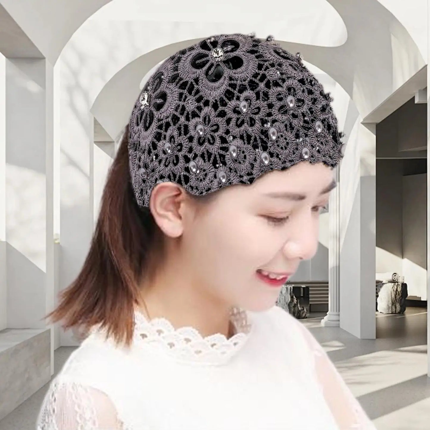 Floral Lace Wide Headband | Pearl Beaded Hair Accessory Women