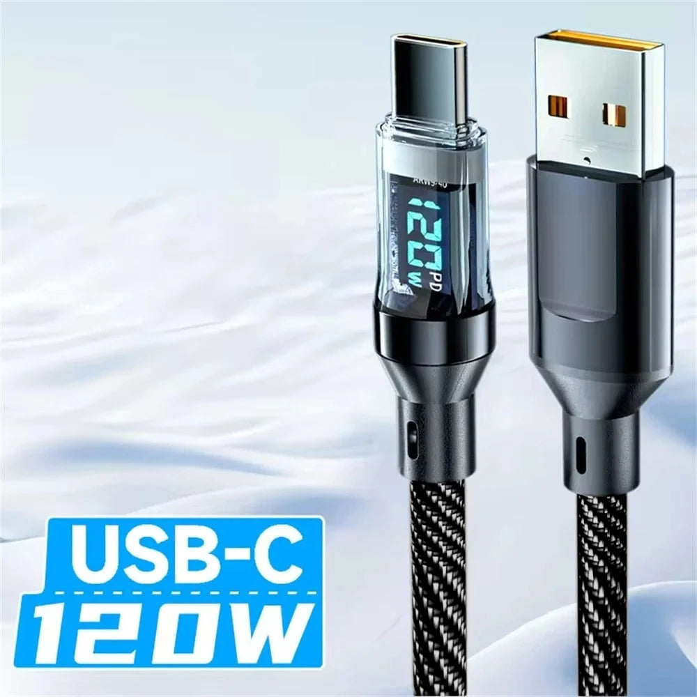 120W USB-C Fast Charging Cable with LED Display | 6A PD Nylon