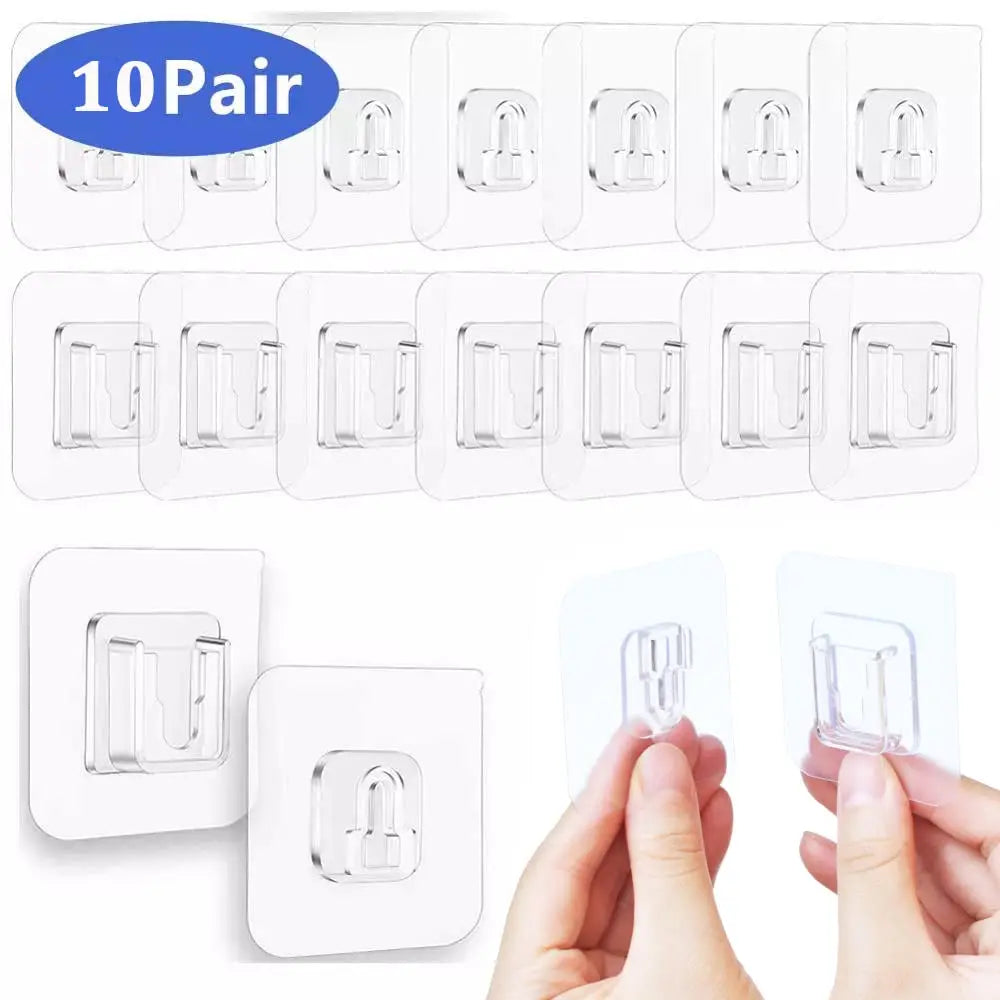 10 Pairs Transparent Adhesive Wall Hooks – No-Drill, Heavy Duty