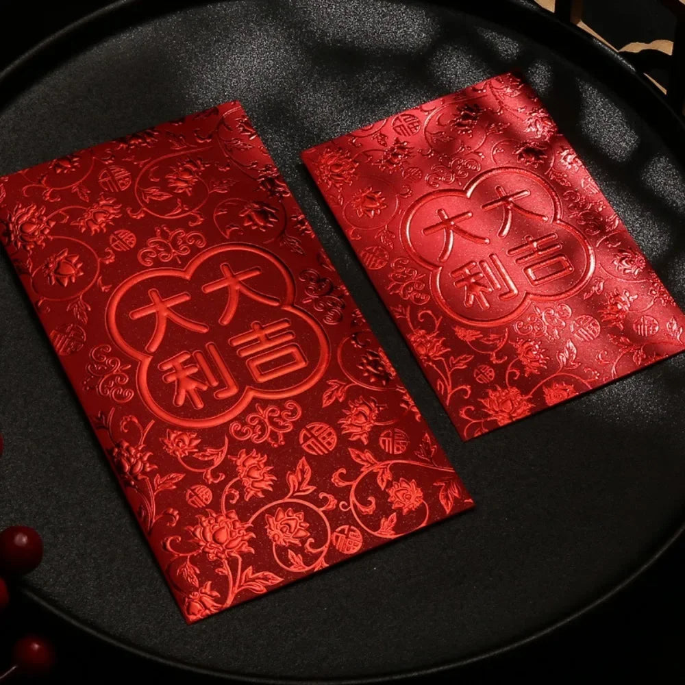 6pcs 3D Chinese New Year Red Envelope Hot Stamping Solid Red Packet Blessings Printing Thickened Lucky Money Bag Wedding Peaceful Pleasures Health and Wellness S-Style A