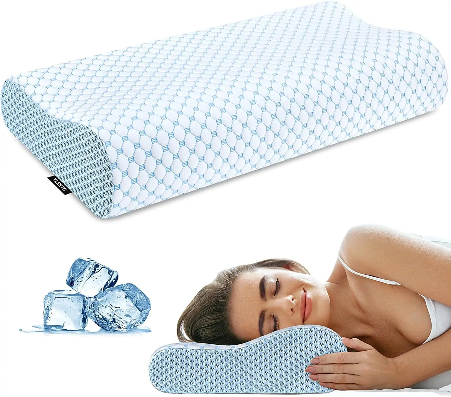 Blue honeycomb-patterned pillow with a woman lying on it and ice cubes on a white background.