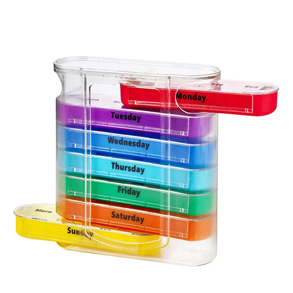7 Days Pill Medicine Box Weekly Monthly Tablet Holder Storage Organizer Container Case Pill Box Splitters Pharmacy Pill Case Peaceful Pleasures Health and Wellness 7 days Box Colorful