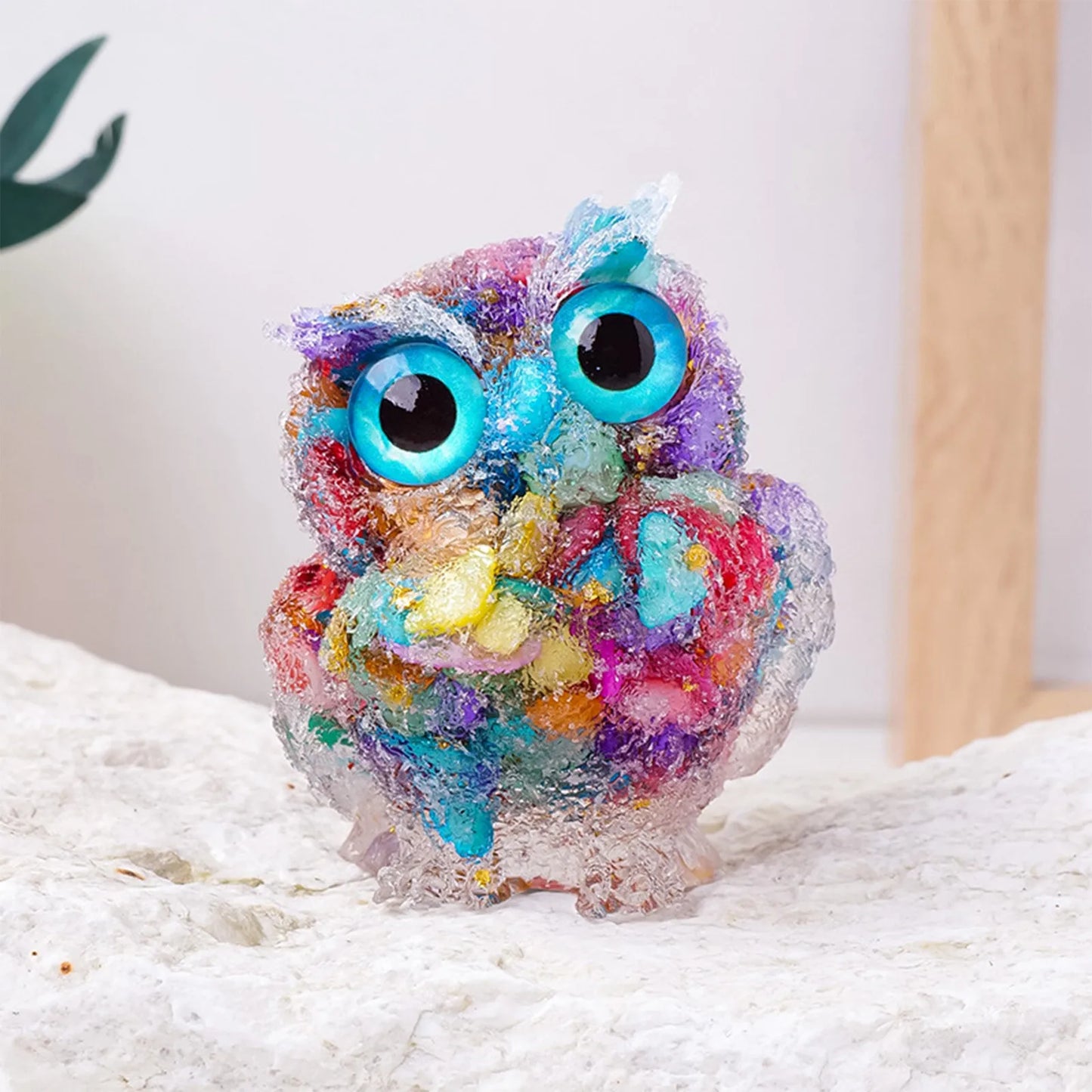 Crystal Owl Figurine – Amethyst & Rose Quartz Resin Ornament