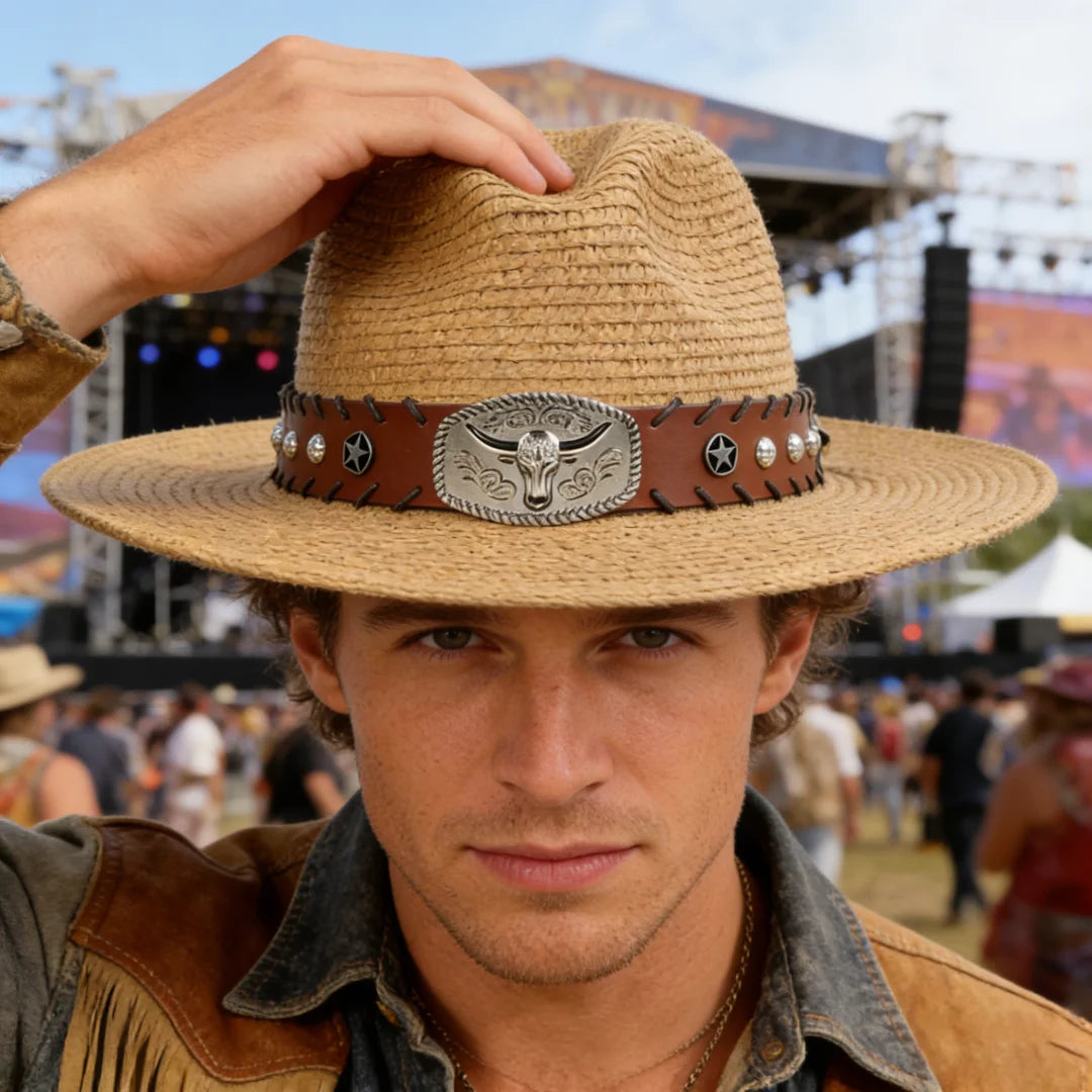 Straw Western Cowboy Hat Bull Skull Buckle Leather Band Wide Brim