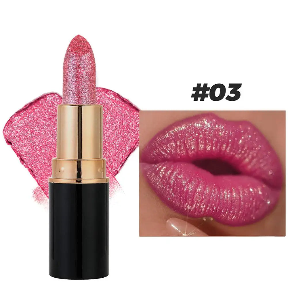 6 Colors Glitter Lipstick Waterproof Lasting Diamond Pearlescent Metallic Lipstick Women Lips Makeup Cosmetic Peaceful Pleasures Health and Wellness 03
