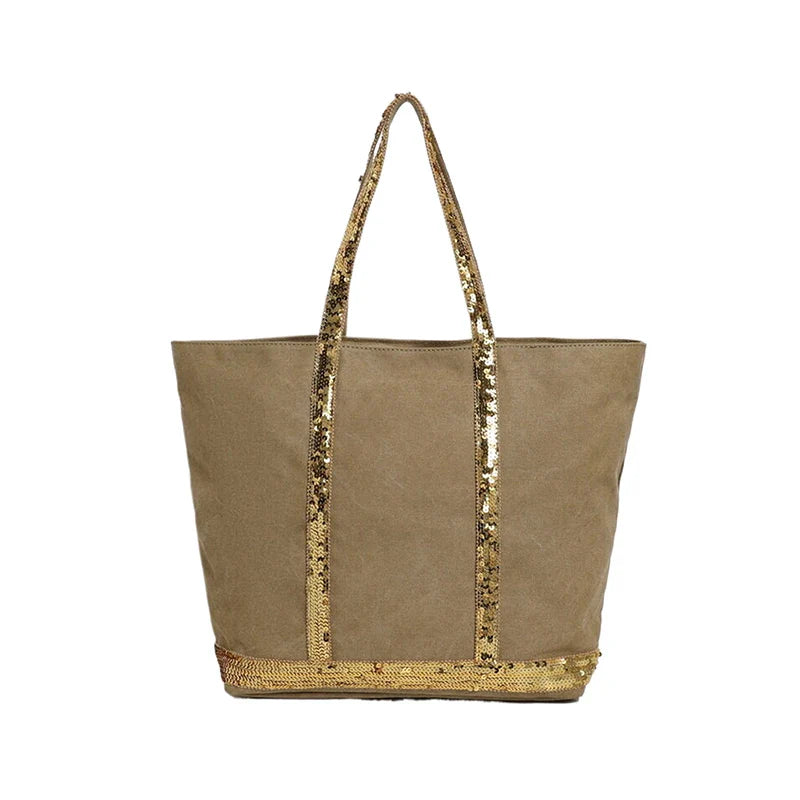 Vintage Canvas Sequin Tote Bag – Large Shoulder Bag for Women
