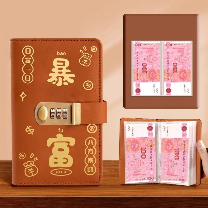 New Password Cash Storage Book Large Capacity 10000 Yuan Money Organizer New Style Bill Record Keeper Saving Folder Savings Book Peaceful Pleasures Health and Wellness Brown