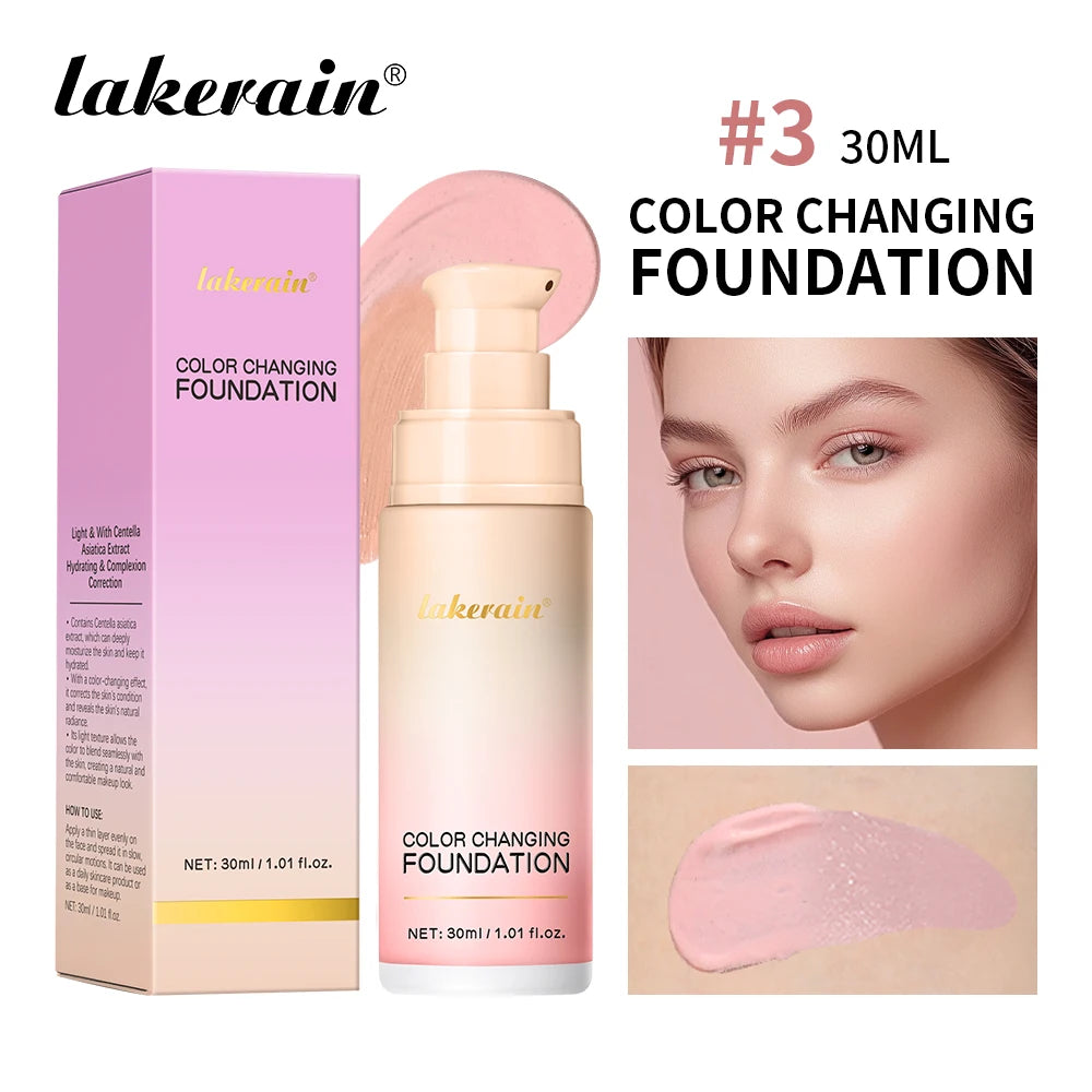 Lakerain Magic Color Changing Foundation Liquid Long Lasting Hydrating lightweight Base Makeup High Coverage Effective Concealer Peaceful Pleasures Health and Wellness Pink 30ml