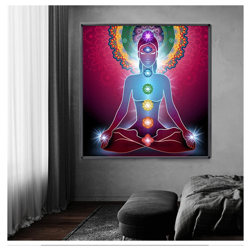 Buddha Statue Meditation 7 Chakra Mandala Psychedelic Yoga Boho Wall Art Paintings Décor Canvas Posters Prints Indian Peaceful Pleasures Health and Wellness