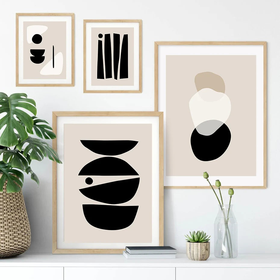 1pc frameless Canvas painting Abstract Geometric Beige Black Boho Minimalist Poster Canvas Painting Print Wall Art Pictures L Peaceful Pleasures Health and Wellness