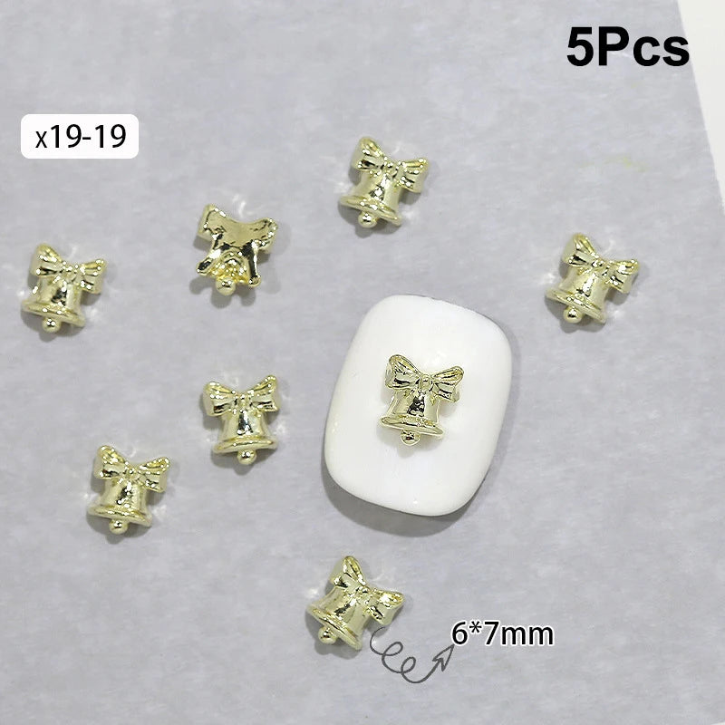 5Pcs Christmas Alloy Nail Accessories Mini Colored Bow Bell Rhinestones Jewelry Nail Art Charms Decorations 3D Flat Back Parts Peaceful Pleasures Health and Wellness x19 19