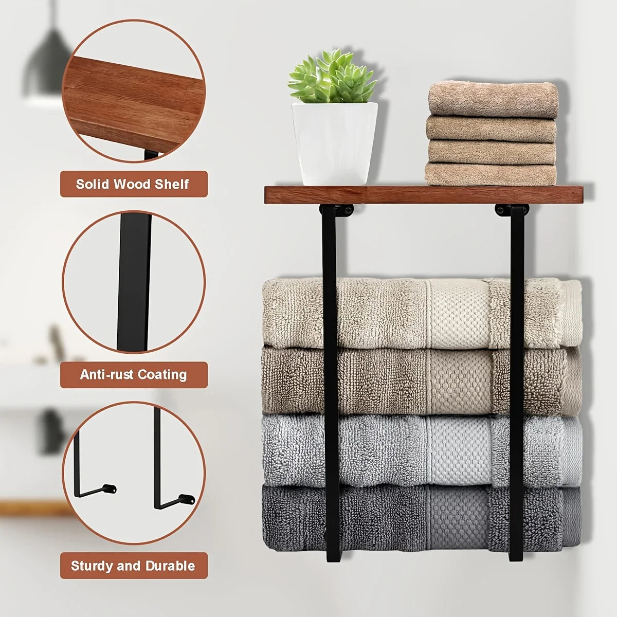 Black Wall Towel Rack with Wooden Shelf | Bathroom Organizer Wall Towel Rack Peaceful Pleasures Health and Wellness
