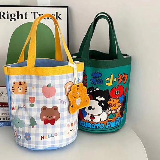 Cute Animal Doodle Canvas Bucket Bag | Cylindrical Lunch Tote Canvas Tote Bag Peaceful Pleasures Health and Wellness