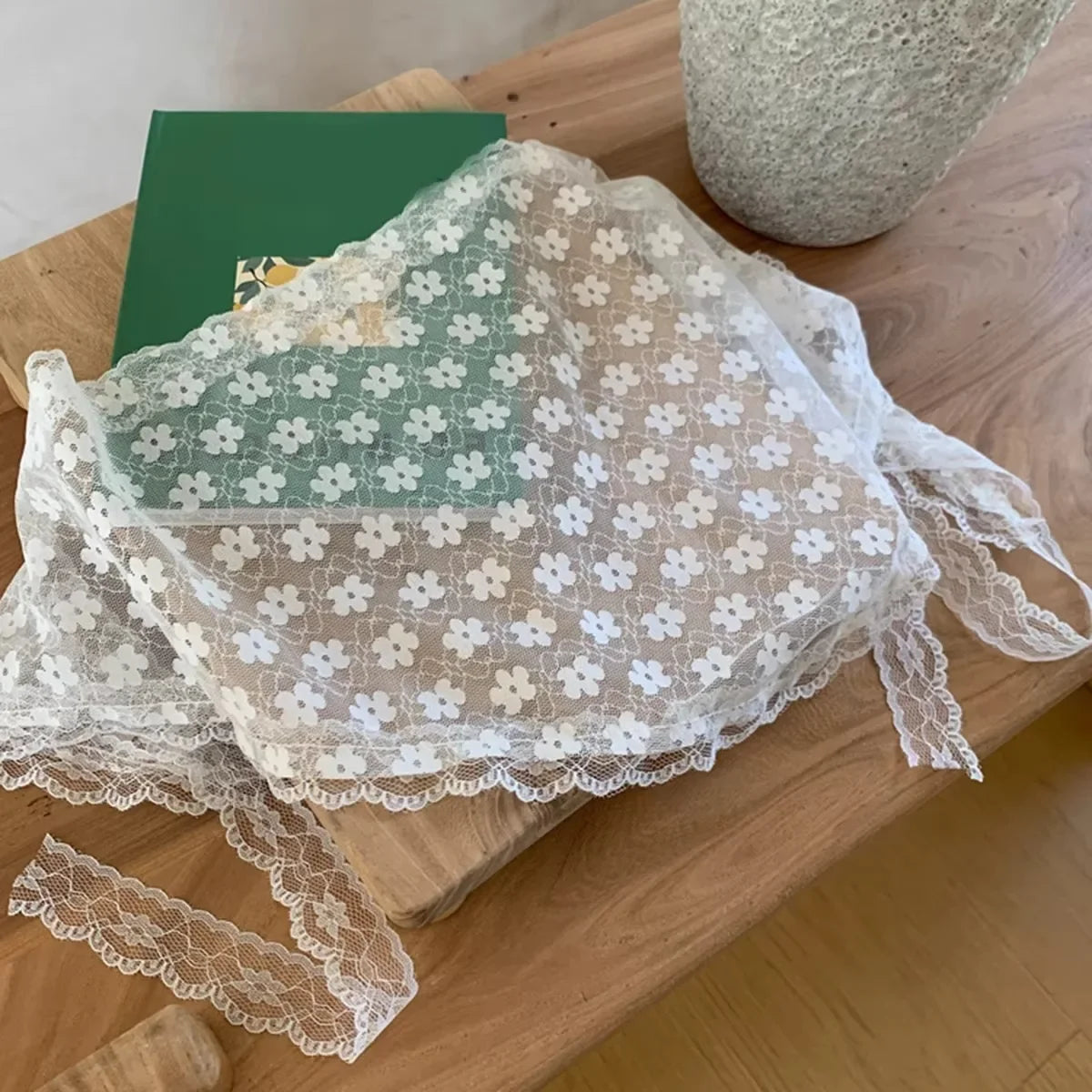 Elegant Lace Triangle Scarf for Women White Sweet Floral Design Breathable Thin Ribbon Artistic Style for Travel Photos Peaceful Pleasures Health and Wellness