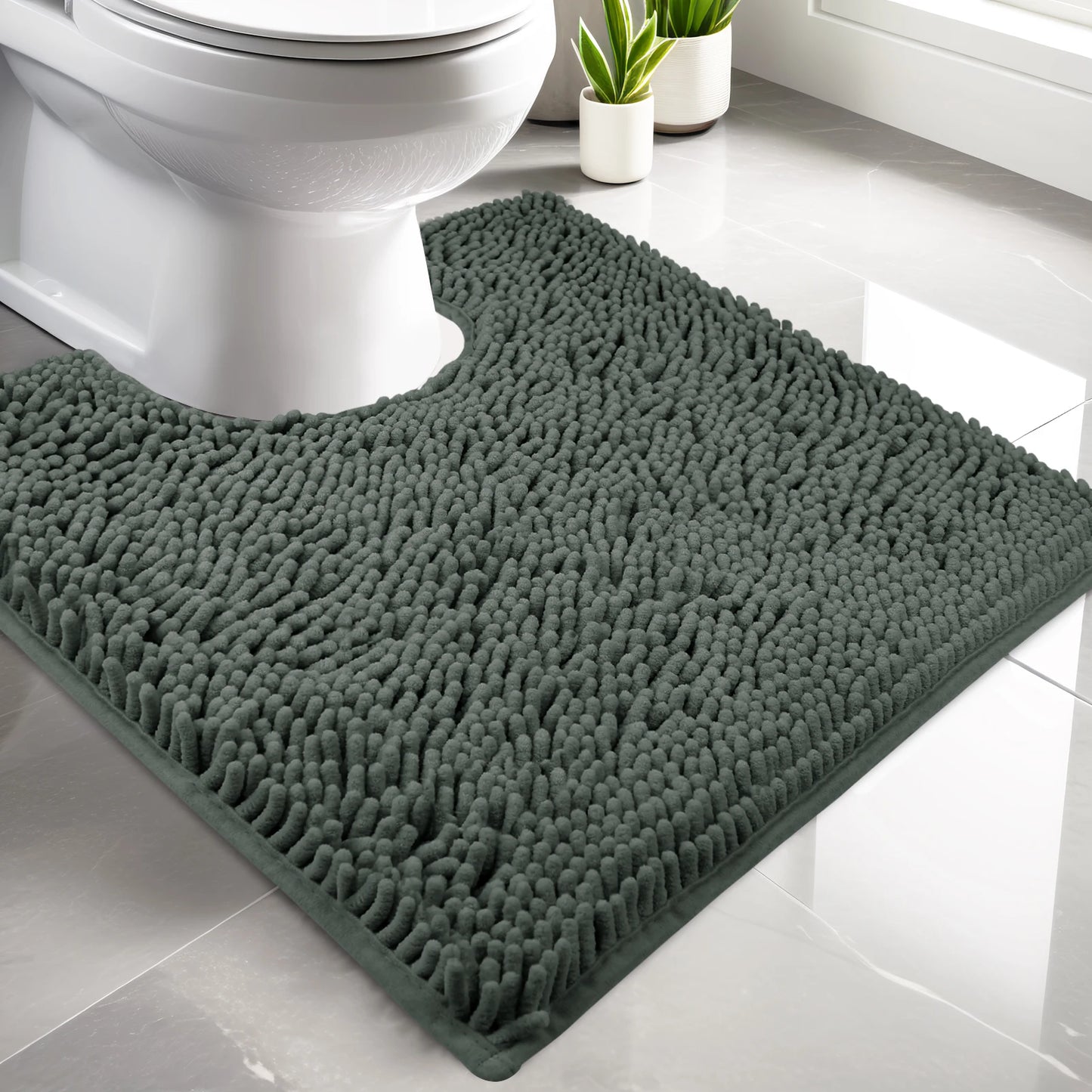 Luxury Chenille Toilet Rugs U-Shaped 50X50cm Soft Absorbent Non-Slip Contour Bathroom Rugs Machine Washable Contoured Bath Mats Peaceful Pleasures Health and Wellness Dark Grey 500MMx500MM