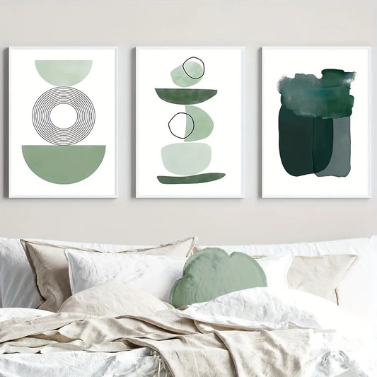 3-Piece Green Abstract Geometry Canvas Wall Art | Nordic Print Canvas Wall Art Set Peaceful Pleasures Health and Wellness