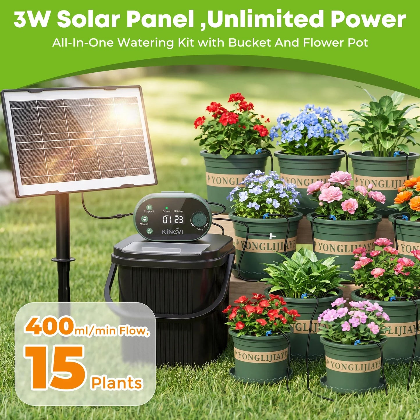 Solar Drip Irrigation System 3W – 15 Pots & 22 Timer Modes