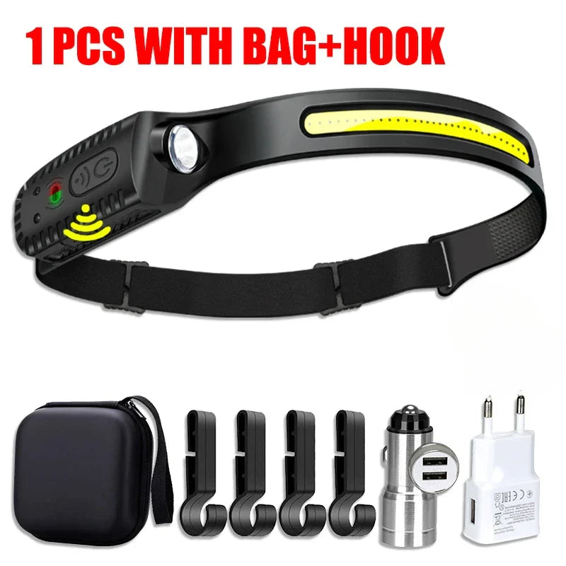 KDULIT XPE+COB LED Headlamp | USB Rechargeable, Motion Sensor