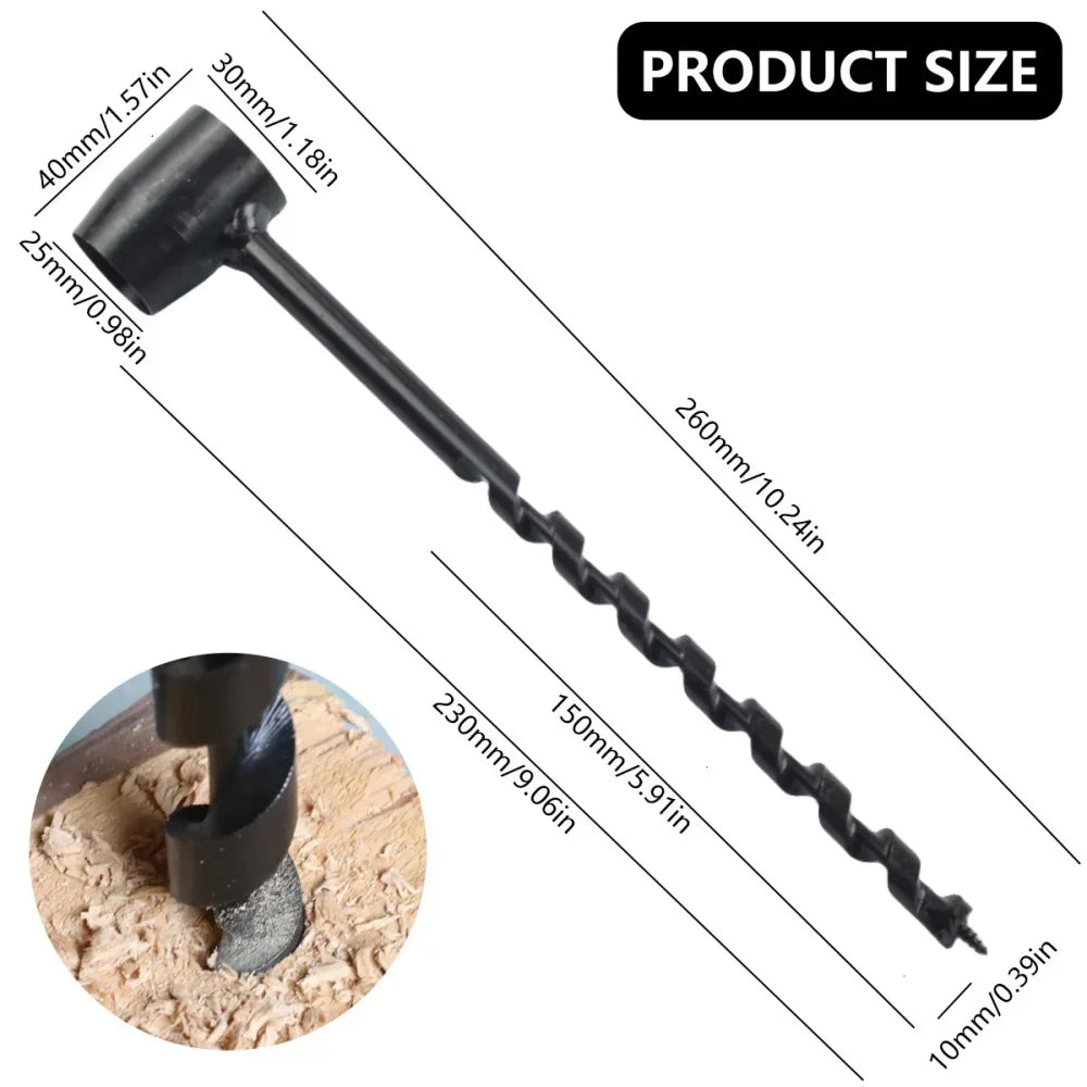 Manual Auger Drill | Carbon Steel Bushcraft Wood Punch Tool Peaceful Pleasures Health and Wellness 10 x 230mm