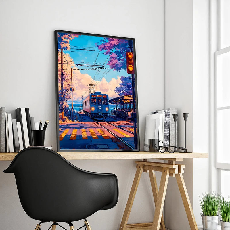 Japanese Anime Landscape Canvas Print | Tram Train Ocean Wall Art Canvas Wall Art Print Peaceful Pleasures Health and Wellness