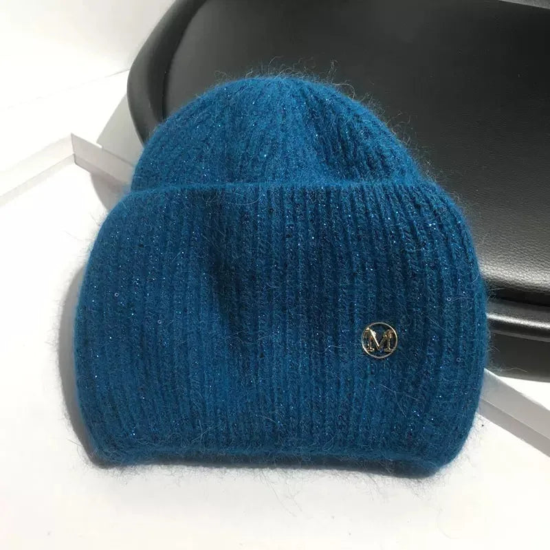 Women's Real Rabbit Fur Knitted Beanie | Sequin Winter Hat