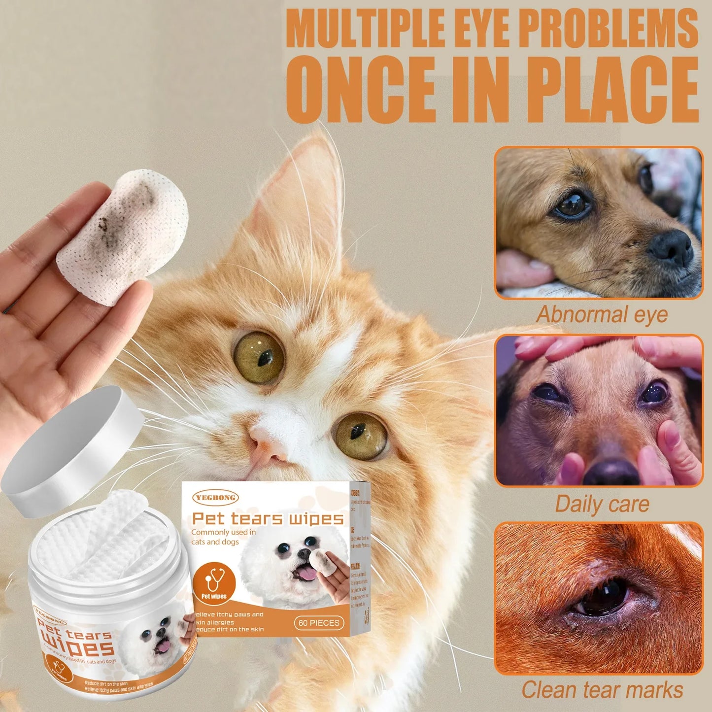 Pet Eye Wipes – Tear Stain Remover for Dogs & Cats 60 Pads