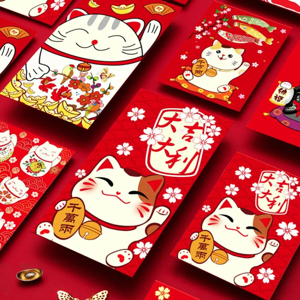 Cute Antiquity Lucky Cat Red Envelope Rectangular Colorful Lucky Money Bag Thickened Red Packet Kids Peaceful Pleasures Health and Wellness