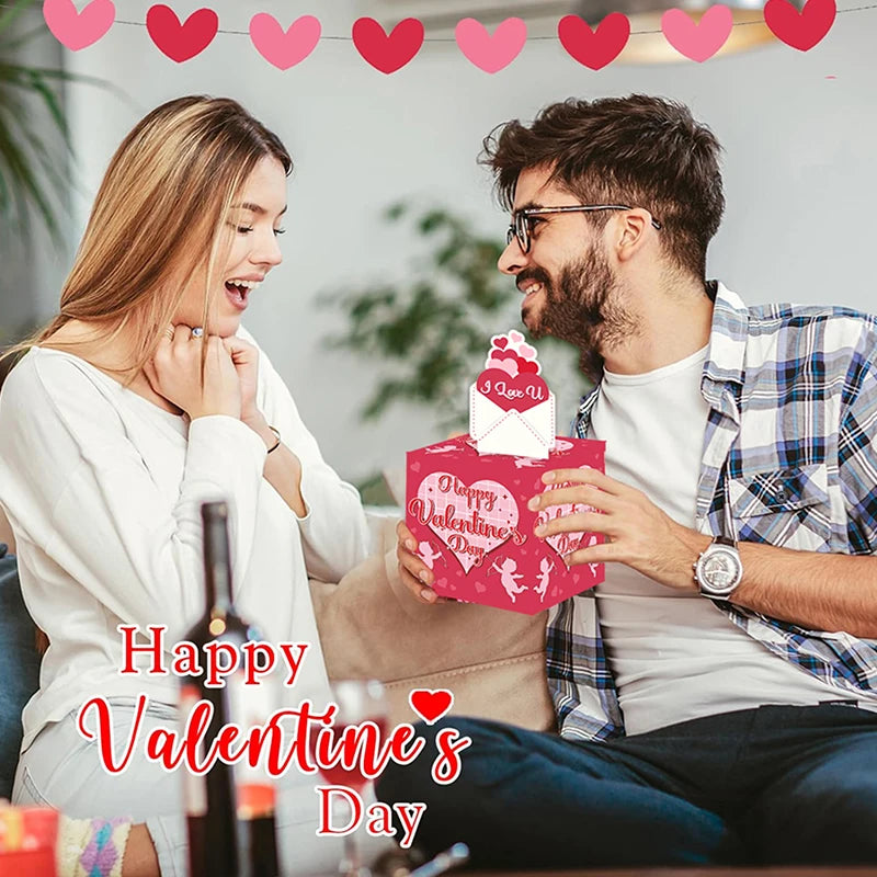 Valentine's Day Money Pull Box with Greeting Card | Pink & Red