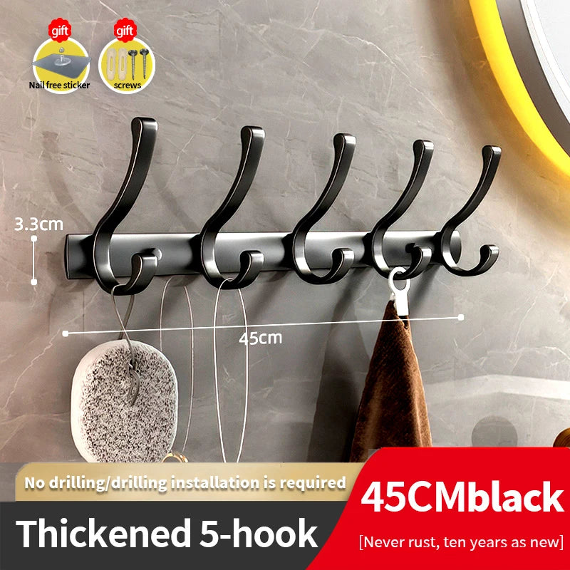YUNJIEYA 6-Hook Aluminum Wall Hanger | Black White Gun Grey Wall Hook Rack Peaceful Pleasures Health and Wellness thicken Black 5 hook
