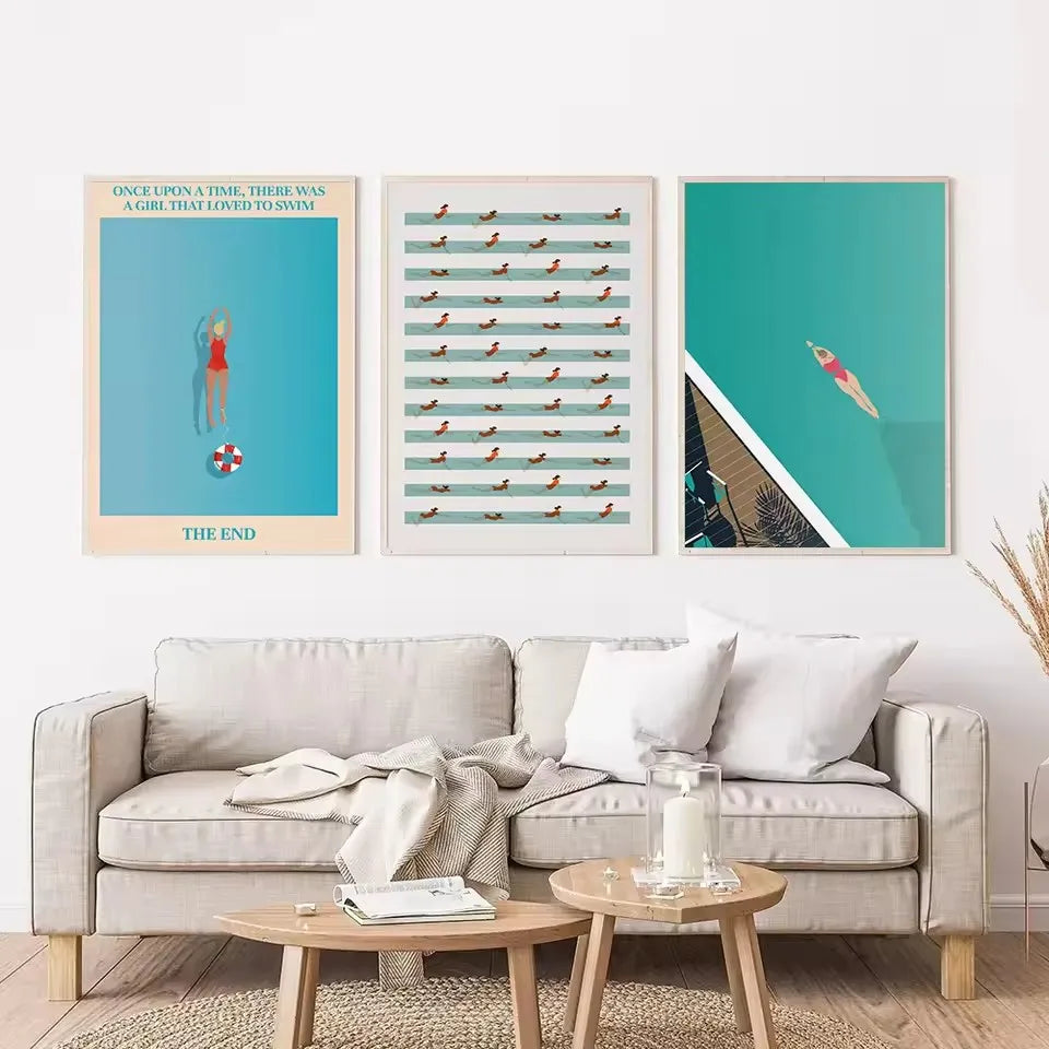 Retro Abstract Summer Swimming Pool Diver Beach Surfing Poster and Printed Canvas Painting Wall Art Pictures Home Bedroom Decor Peaceful Pleasures Health and Wellness