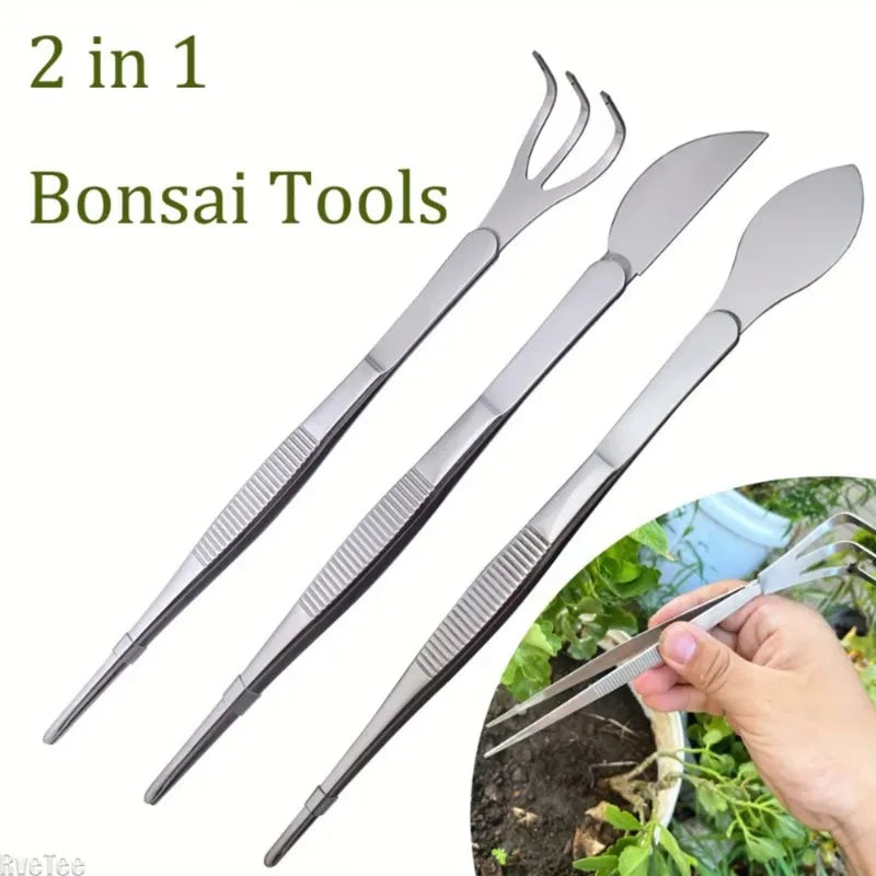 2-in-1 Stainless Steel Bonsai Tweezers & Root Rake Tool