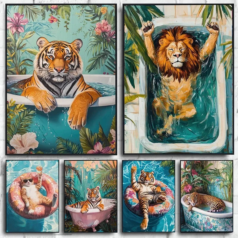Funny Animals Swimming Pool Canvas Wall Art | Bathroom Decor
