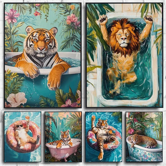 Funny Animals Swimming Pool Canvas Wall Art | Bathroom Decor Canvas Wall Art Print Peaceful Pleasures Health and Wellness