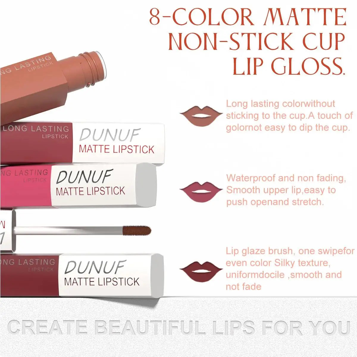 DUNUF 8-Pc Matte Liquid Lipstick Set – Waterproof Lip Gloss