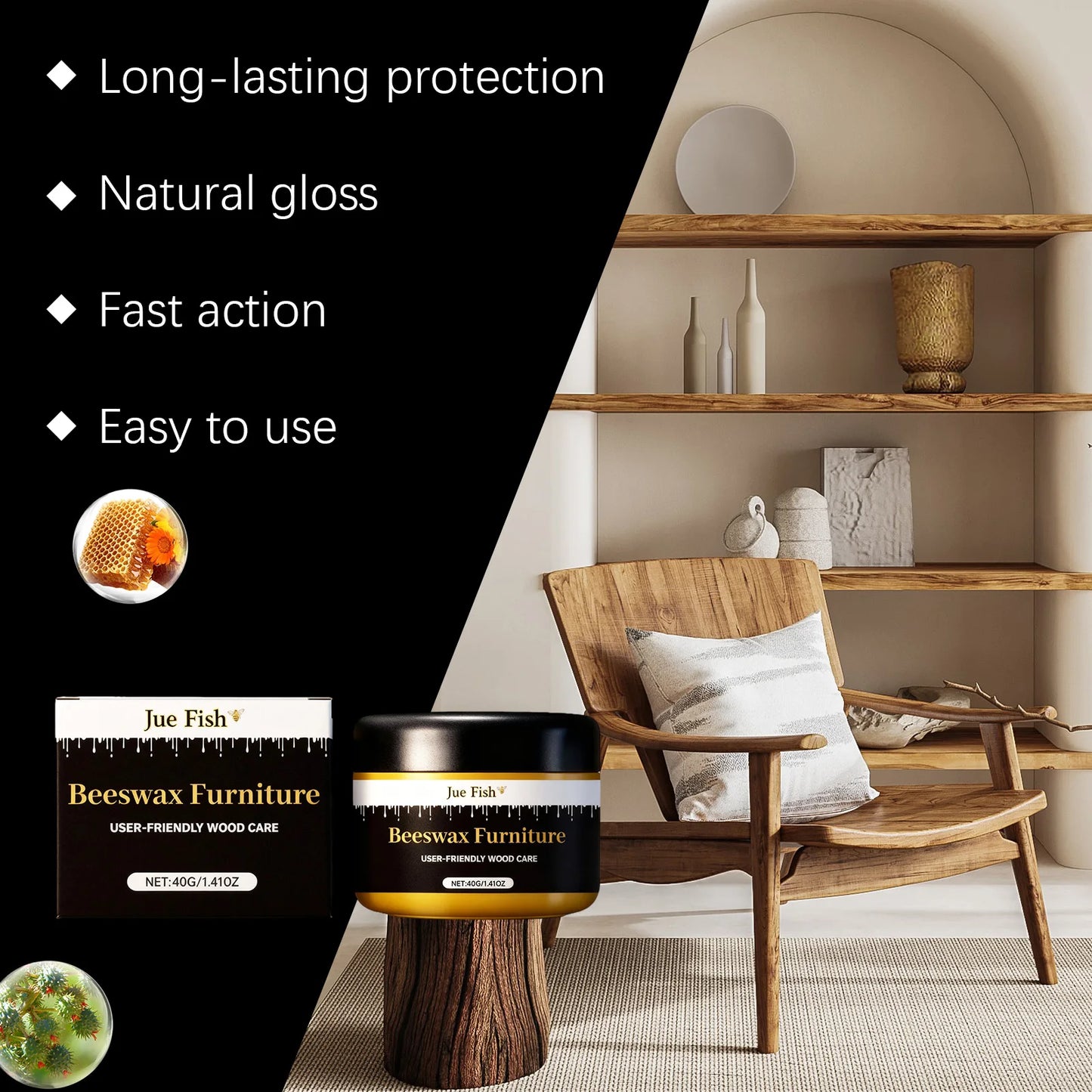 Natural Wood Care Wax – Cleaner, Restorer & Protector (40ml)
