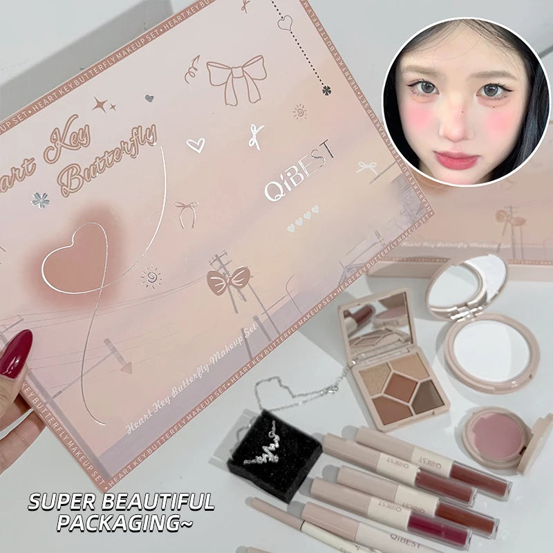 QIBEST Face Makeup Set 4pc Double End Lip Glaze, Pressed Powder,Blush,Eyeshadow, Eyebrow Pen,Eyeliner,Lip Oil Gift Cosmetics Peaceful Pleasures Health and Wellness