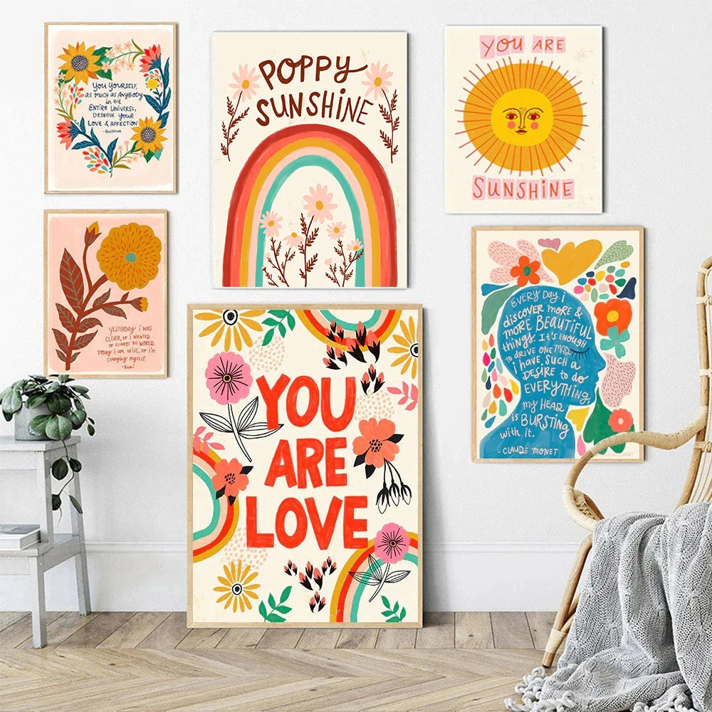 Inspirational Quote Flower Design Canvas Painting Colorful Boho Rainbow Wall Art Poster Print Girl Room Nursery Decor Picture Peaceful Pleasures Health and Wellness