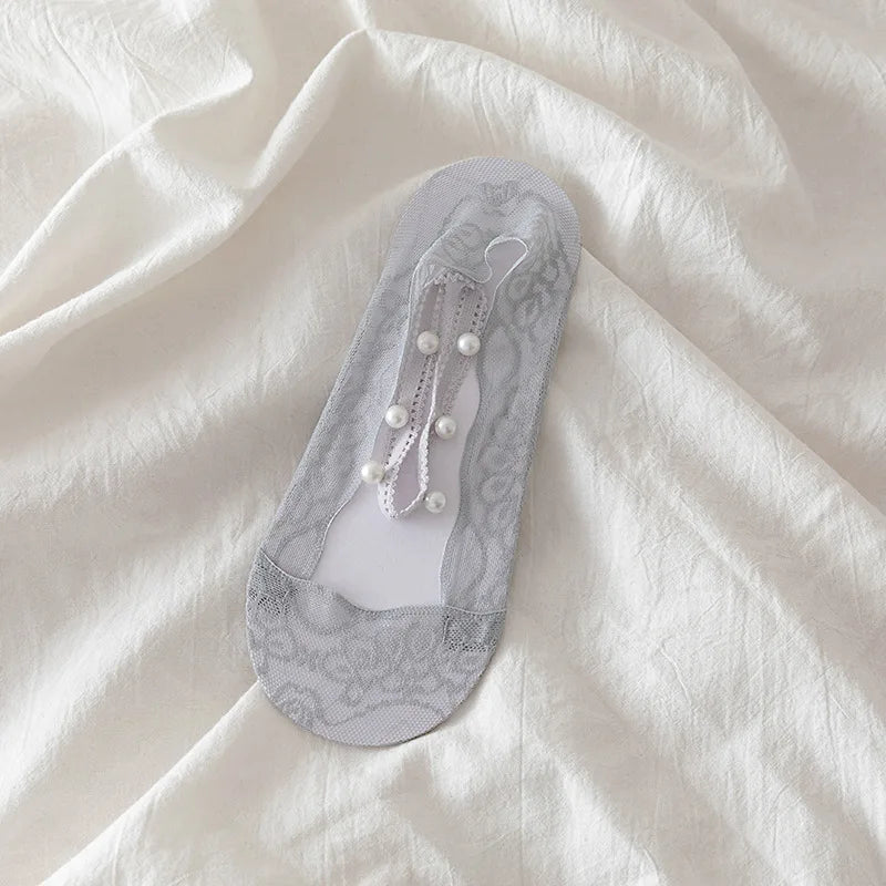5 Pairs of Women's Lace Invisible Socks, Summer Sexy And Elegant Transparent Boat Socks, Pearl Strap Anti Slip Ankle Socks Peaceful Pleasures Health and Wellness 5 Pairs Light Gray One Size