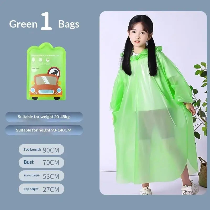 Kids Disposable Rain Poncho with Backpack Space – Long Raincoat
