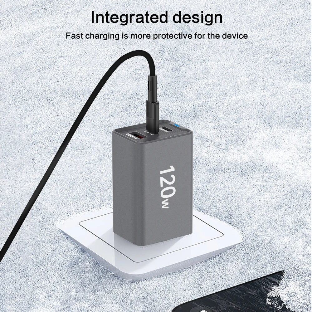 120W 3-Port USB-C Fast Charger PD3.0 QC3.0 Wall Adapter