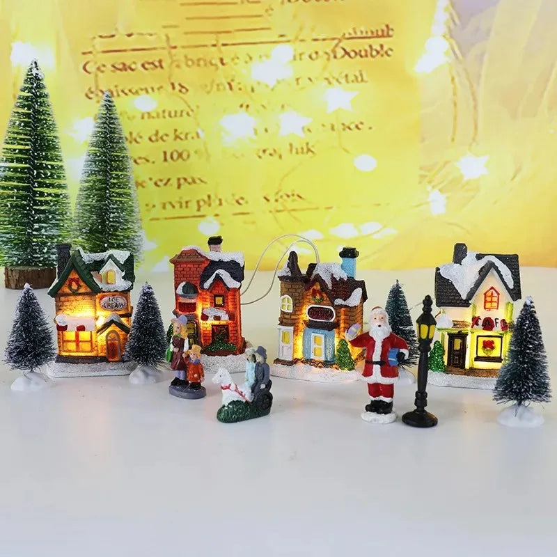 Christmas Resin Mini Village Set with LED Lights – 10 Pieces
