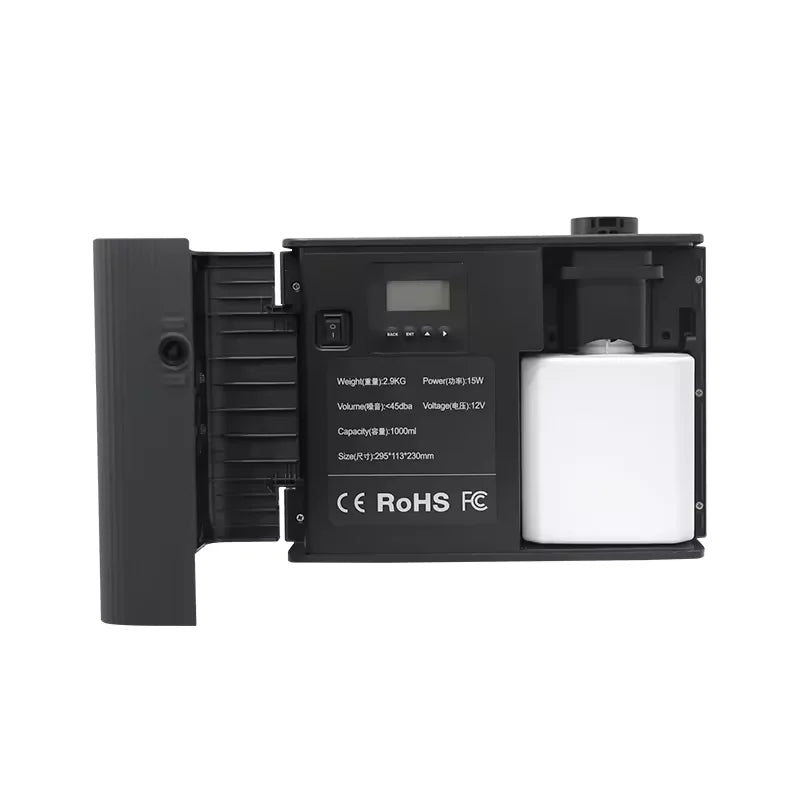 Black electronic device with digital display and filter on a white background