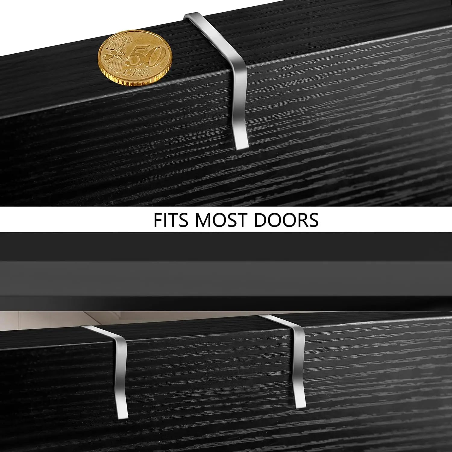 Black door with silver straps and a gold coin, labeled 'Fits Most Doors'.