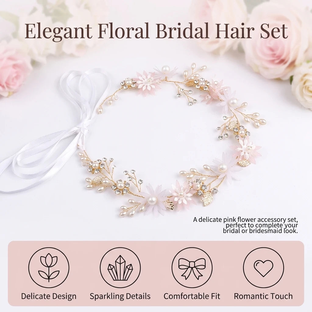 Bridal Hair Accessories Set Pink Flower Headband And Hairpin For Wedding Dress Peaceful Pleasures Health and Wellness
