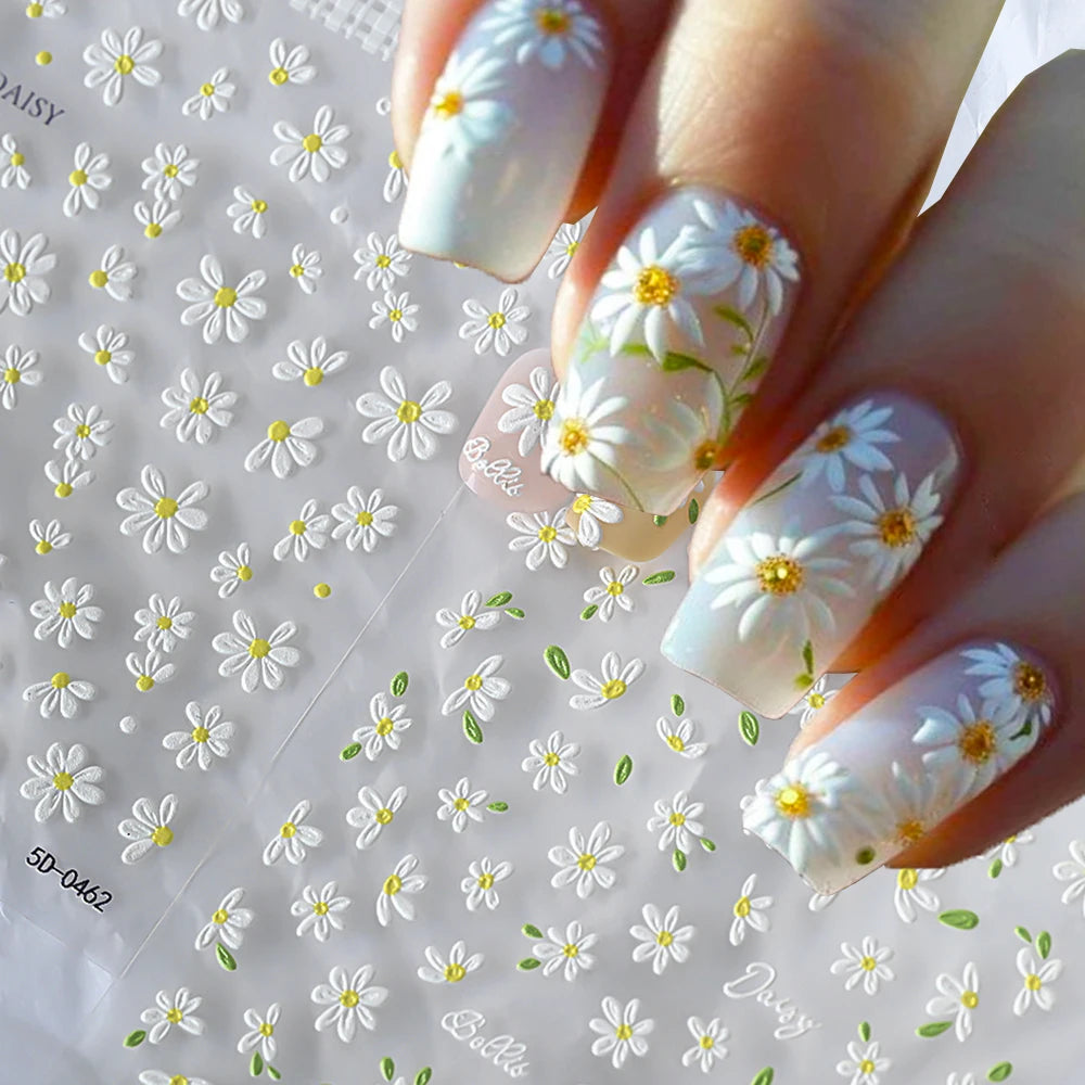 5D Embossed Daisy Nail Art Stickers – Spring Floral Decals 2pc