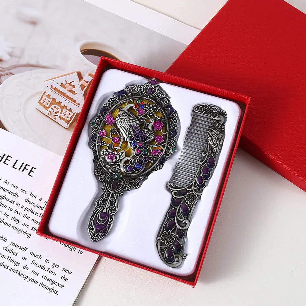 Peacock Embossed Metal Vanity Mirror & Comb Set – 2 Pcs